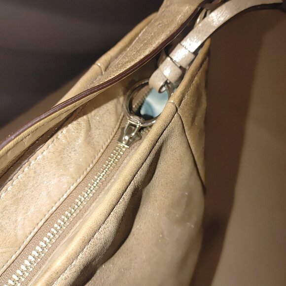 Coach Metallic Gold Leather Tote Bag Adjustable Strap Light Blue Interior - Picture 7 of 13